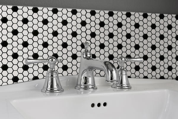 Influence, a 10" x 11" glazed porcelain mosaic, brings a retro vibe and is available in four colorways. 