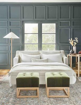 Coniston Sleeper Sofa in Natural and Grasmere Ottoman in Jade