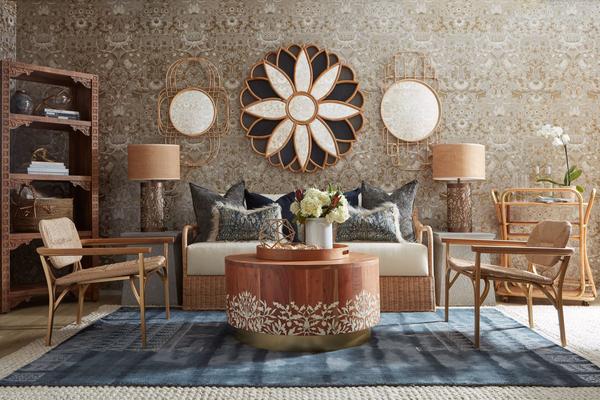 Selamat x Morris & Co. living room inspiration featuring the Bullerswood Mirror in Charcoal Grey, Acorn Coffee Table, Kelmscott Lounge Chairs and Daffodil Lamps in Whitewashed