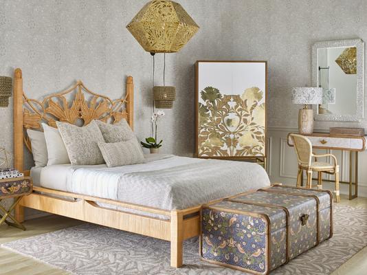 Selamat x Morris & Co. Artichoke Bed, Poppy Armoire, Strawberry Thief Steamer Trunk in Multi and Marigold Hexagonal Pendant