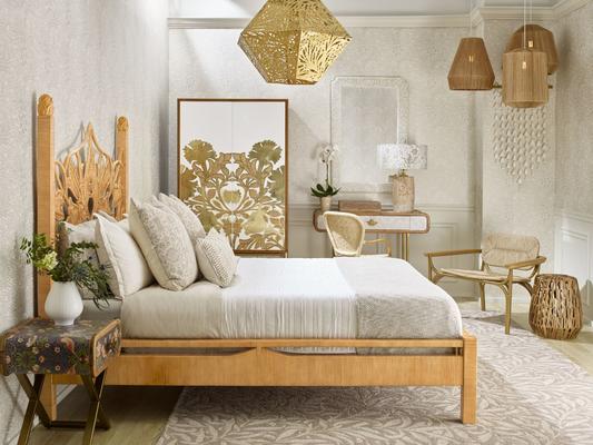 Selamat x Morris & Co. Artichoke Bed, Poppy Armoire,Marigiold Hexagonal Pendant, and Kelmscott Lounge Chair in Natural