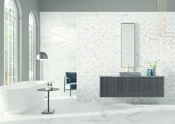 Marquesa's floret pattern instills a regal air, while the blanc pattern
offers a fresh and modern feel in a  large-format size and classic marble look. Shown here on the back wall, floor, and feature wall.