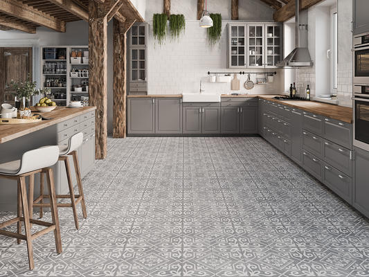 Nostalgia's design was inspired by handpainted tiles created by skilled artisans. The 18” x 18” pre-scored size combines heritage craftmanship with modern technology, providing an easy-to- install designer look.