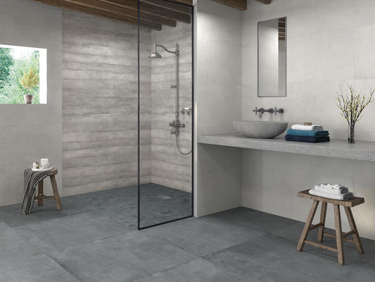 The glazed ceramic Rift offers a natural stone look in a plank size.