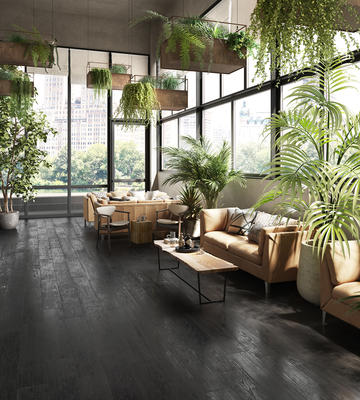 Designed in collaboration with Gensler, Yakedo beautifully replicates the look of burnt wood in a glazed porcelain plank tile.