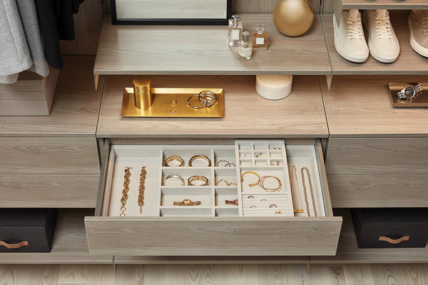 Avera Full-Extension, Soft-Close Drawers in Stone with
jewelry organizers