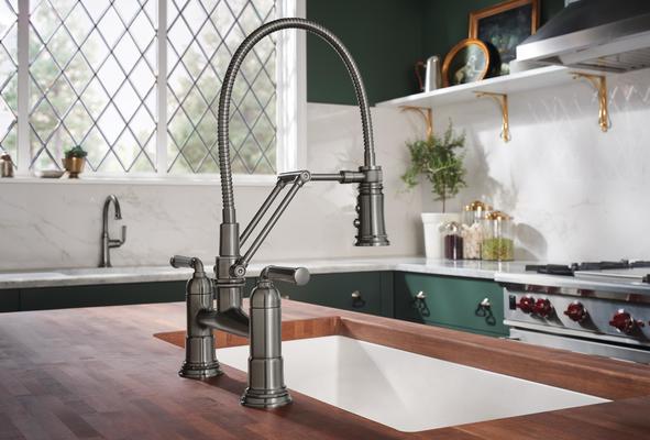 Articulating Bridge Faucet with Finished Hose from the Rook Kitchen Collection