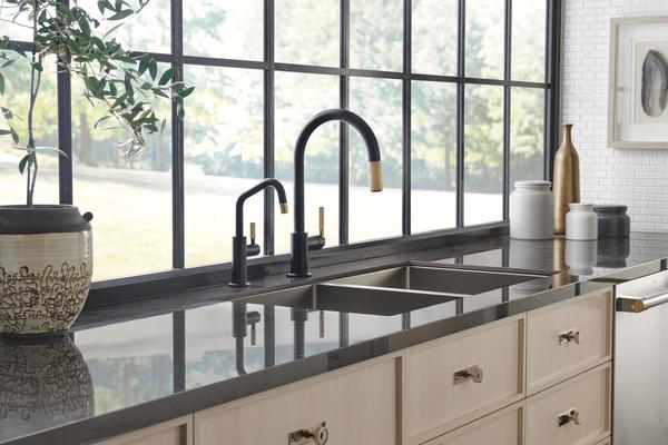 Pull-Down Faucet with Arc Spout and Knurled Handle & Beverage Faucet with Angled Spout and Knurled Handle from the Litze Kitchen Collection