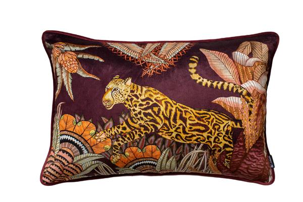 Cheetah Kings Forest cotton pillow in Plum