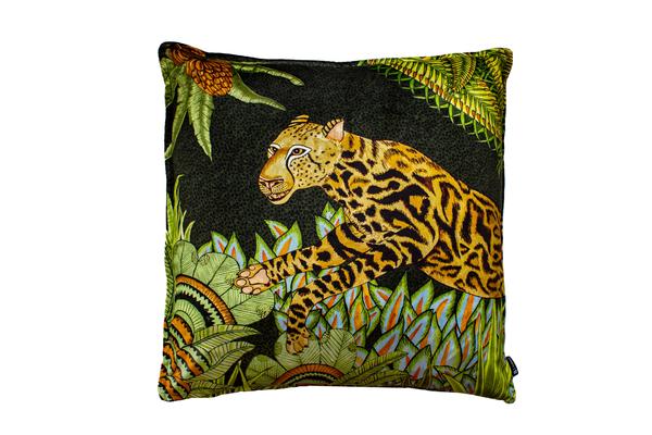 Cheetah Kings Forest velvet pillow in Delta