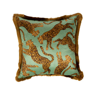 Cheetah Kings fringe velvet pillow in Jade