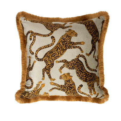Cheetah Kings fringe velvet pillow in Stone