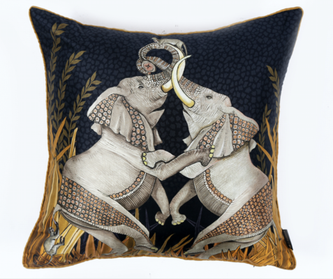 Dancing Elephants velvet pillow in Moonlight