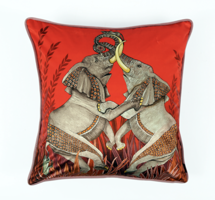 Dancing Elephants velvet pillow in Sunset