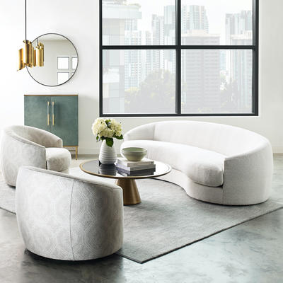 Giselle swivel chairs in Kravet textile and Giselle sofa in boucle