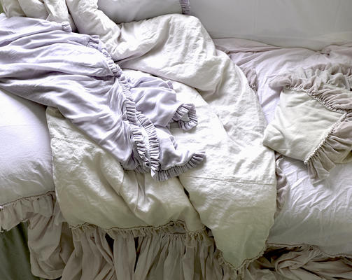 Custom silk velvet Tatter Ruffle and linen bed in Mist and Lilac