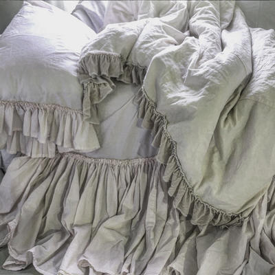Silk velvet and linen Tatter Ruffle bed in Mist