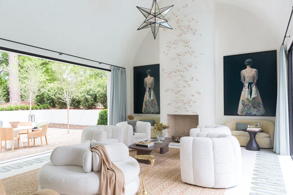 The pool lounge, complete with sliding doors by Panoramic Doors that open on either side, was designed by Melanie Turner Interiors. Turner is one of the showhouse’s honorary co-chairs. 