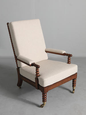 Broughton bobbin chair, shown in Meranti wood and Oatmeal linen