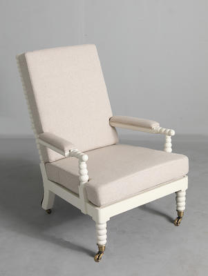 The Broughton bobbin chair, shown in Chalk White finish and oatmeal linen