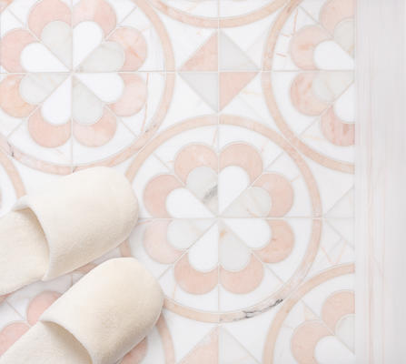 Inspired by the timeless style of encaustic tile, Encaustic Flower presents an eight-petaled, two colored “flower” cut from a variety of colorful marble. 