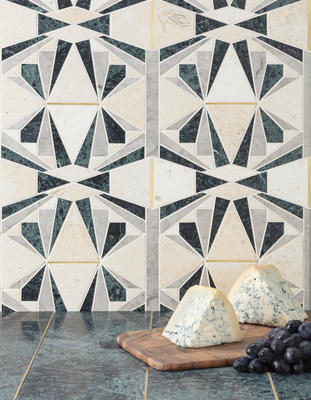 The intricate, kaleidoscopic patterning of Art Deco interiors, jewelry, and objets d’art inspire Delano, with varying trapezoids, diamonds, and triangles that instantly evoke the art and style of the era. 