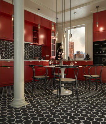 Hudson Hex is unique, with square tesserae pieces in differing colors and orientation creating a hexagonal mosaic for a modern take on a traditional form. 