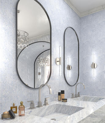 Penny Lane is a take on penny-round mosaics, elevated in an artistic fashion through the use of luxe natural stone and presented in a true penny size, in an offset pattern. 