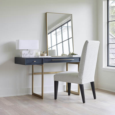 Allure Desk in Digo finish shown with the Anthony Tall Side Chair