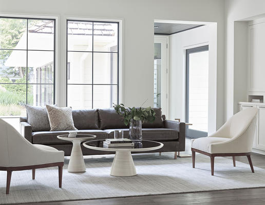 Hunter Sofa in Mont Blanc Leather with Addie Tables in White Finish and Bella Chairs