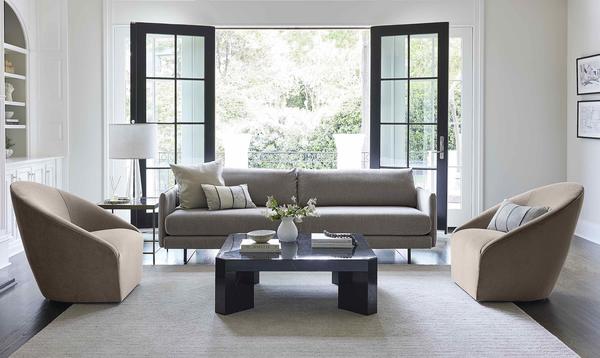The Soma Sofa with Rose Swivel Chairs and the Collin Cocktail Table