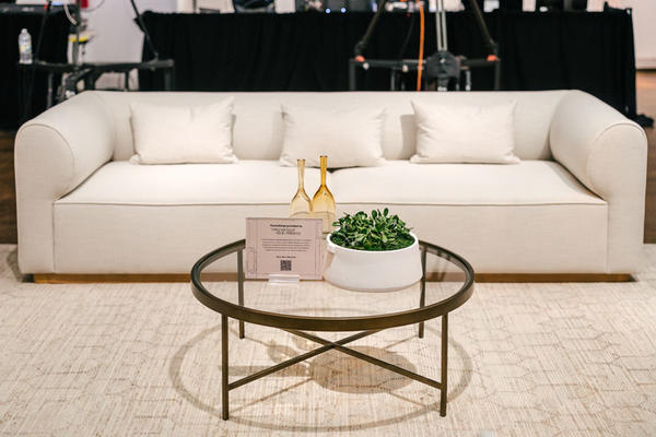 In the theater, a lounge vignette by Mitchell Gold + Bob Williams featuring pieces from the company‘s forthcoming collection with designer Brigette Romanek