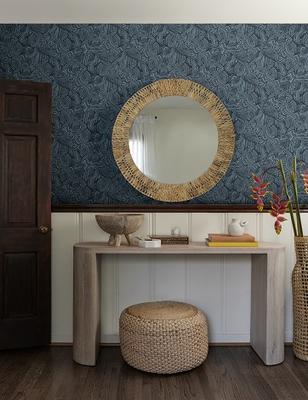 Bequia wallpaper in Dark by Malene Barnett, styled with the Luna console table and Vela pouf.