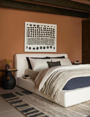 The Gareth rug styled with the Clayton platform bed and Dots Print by Kent Youngstrom.