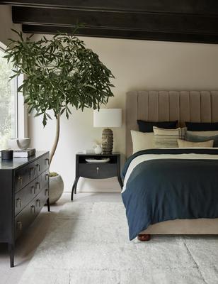 Costa rug styled with the Evelyn platform bed, Anabella nightstand and Anabella dresser.