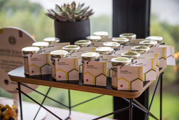 Herman Miller honey produced by over 60,000 honeybees cared for at the LEED-certified Herman Miller greenhouse.