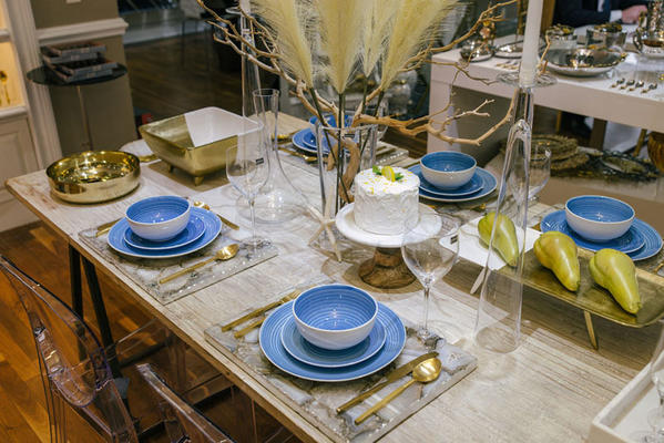 Godinger debuted a new collection with a fun play on the traditional blue-and-white dinnerware with a pastel blue hue.