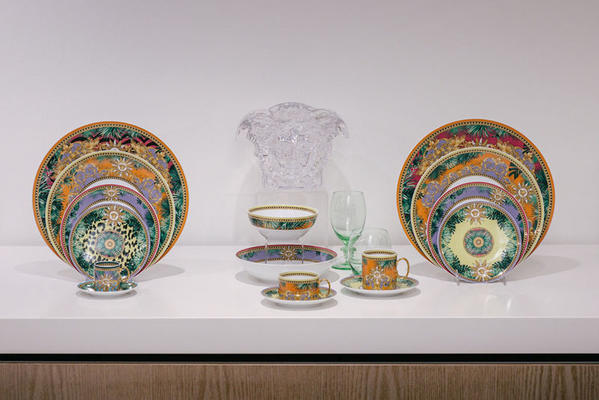 New Versace dinnerware in the Rosenthal showroom provides a big burst of color.