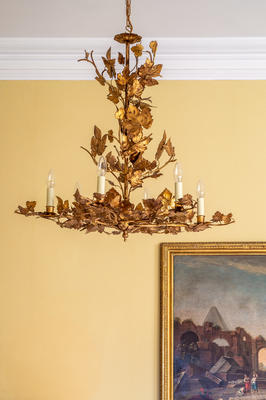 Windermere Chandelier, gilt  - Based on an original antique, this chandelier focuses on a foliate design and has been decorated with individually pressed and formed maple leaves. A new adaptation of our existing chandelier in Ivory White. 