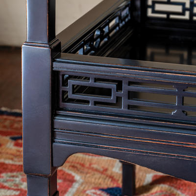 Compton Table Light Black Detail - Intricate fretwork complements the detailed tapered legs and adds to the complexity of this table.  Available in a black or light oak finish.