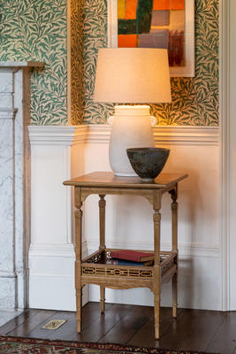 Compton Side Table Light Oak - Based on an antique original Lucy and Michael bought at auction, this table harks back to the Aesthetic Movement. Available in both an ebonized wood and light oak finish, it is finely decorated with fretwork detailing.