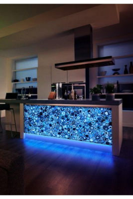 Backlit blue agate semi-precious stone slab kitchen island
