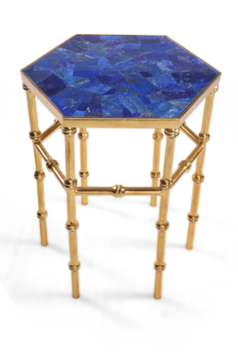 Unique lapis lazuli hexagonal side table with designer brass base
