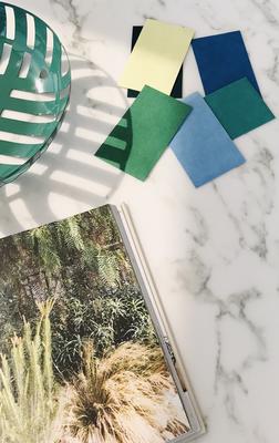 Interior design blogger Cassandra LaValle of Coco Kelley evokes a beachside afternoon under the palms with her selection of Ultrasuede fabrics in Cerulean, Emerald, Lake, Pine, Chartreuse and Basil.