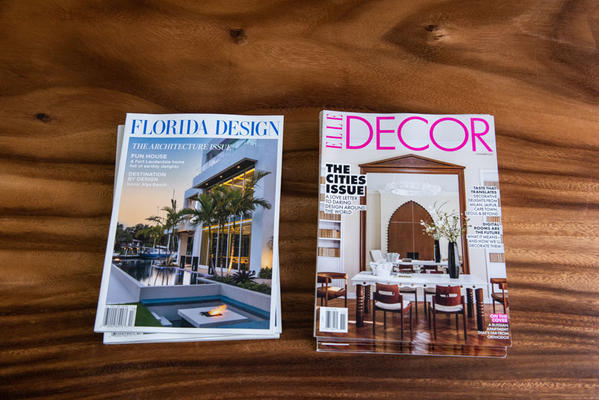 Issues of Florida Design and Elle Decor on display at the gallery