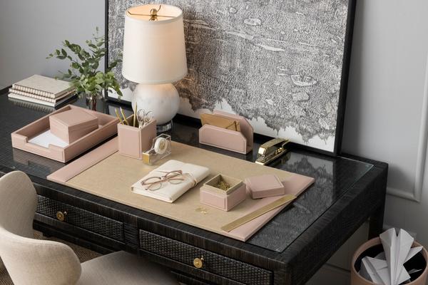 Asby desk collection shown in Dusty Rose leather