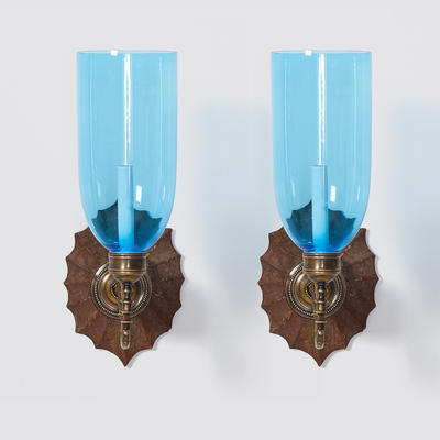 Anglo Indian Sconces with Blue Hurricane Shades