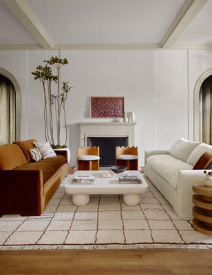 The Rupert sofa, Clouded coffee table, Ripple accent chair, and Irregular Grid rug.