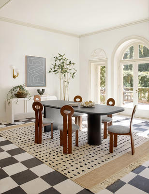 IO dining table, Irregular Dots rug, Whit dining chair, and Merrit sideboard. 