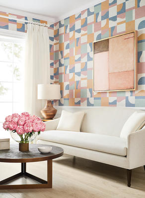 Wallcovering: Colored Blocks
Sofa: Whitby sofa in Cascade woven fabric 
Draperies: Prisma woven fabric 